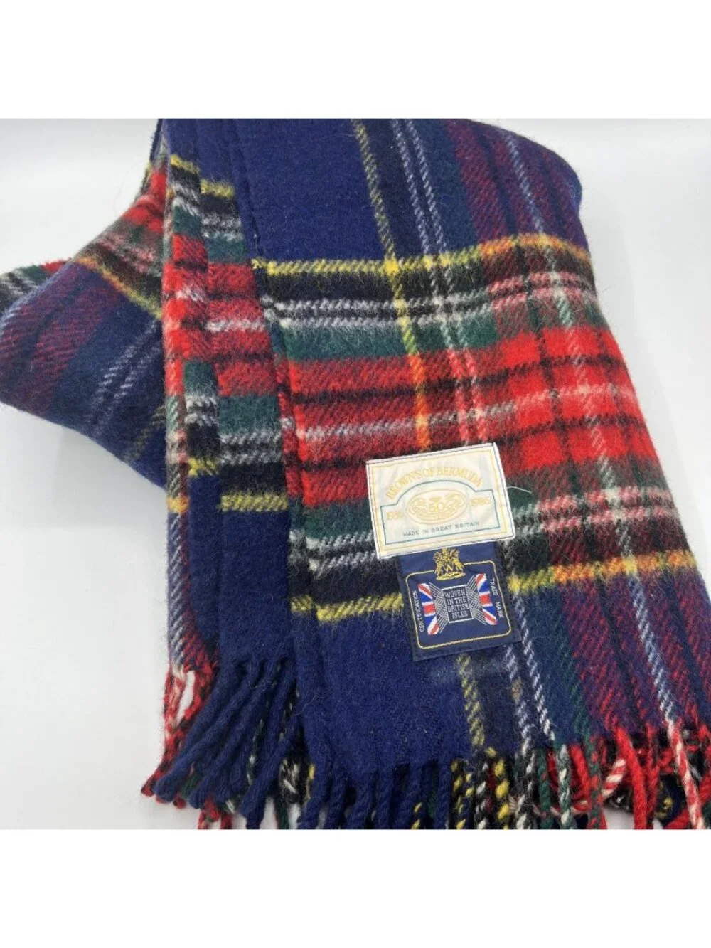 Vintage Browns of Bermuda Wool Throw Blanket Blue Red Plaid Fringe